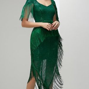 Elegant Tassel Party Dress, Midi Dresses, color:Green|size:XXL, Stylewe