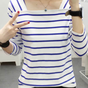 Casual Striped Square Neck Long Sleeve T-shirt, T-shirts, color:Blue|size:3XL, Noracora