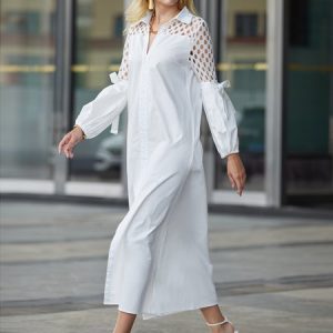 Shirt Collar Elegant Plain Loose Dress With No, Maxi Dresses, color:White|size:XXL, Stylewe
