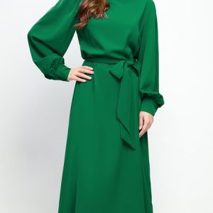 Elegant Regular Fit Plain Long Sleeve Midi Dress, Dresses, color:Green|size:XS, Stylewe