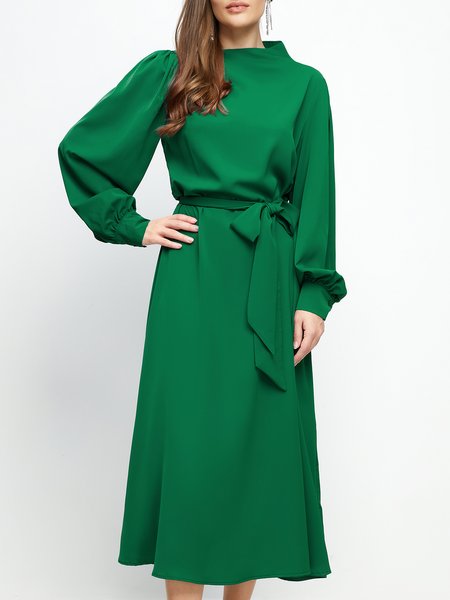 Elegant Regular Fit Plain Long Sleeve Midi Dress, Dresses, color:Green|size:XS, Stylewe