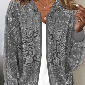 Hoodie Long Sleeve Ethnic Zipper Regular Medium Elasticity Loose Hooded Jacket For Women, Jackets, color:Gray|size:XXL, Noracora