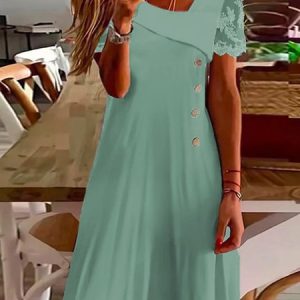Lace Sleeve Plain Loose Casual Asymmetrical Dress, Midi Dresses, Roselinlin - Online Catalog