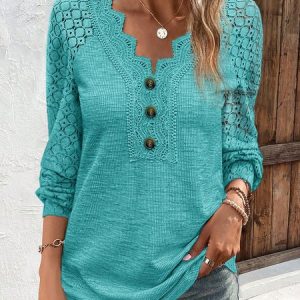 V Neck Casual Plain Lace Bukle T-Shirt, T-Shirts, color:Light Blue|size:XXL, JustFashionNow