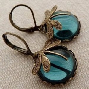 Hecheng European and American cross-border foreign trade jewelry retro dragonfly pattern earrings old moonstone ladies earrings wholesale, Earrings, color:Denim Blue, JustFashionNow