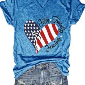 American Flag Print Faith Family Freedom Letter Casual Short Sleeve T-Shirt, color:Blue|size:3XL, Lilicloth.com