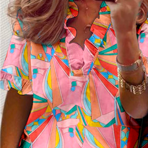 V Neck Geometric Elegant Shirt, Shirts & Blouses, color:Pink|size:XXL, JustFashionNow