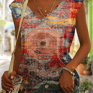 V Neck Casual Loose Ethnic Tank Top, Tanks & Camis, color:Blue|size:XXL, JustFashionNow