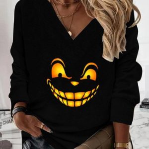 Casual V Neck Halloween Sweatshirt, Hoodies & Sweatshirts, color:Black|size:XXL, Noracora