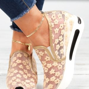 Lace Floral Breathable Comfort Sneakers, Sneakers, color:Khaki|size:42, JustFashionNow