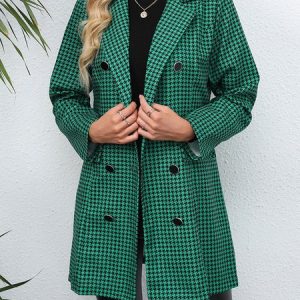 Casual Plaid Shawl Collar Regular Fit Trench Coat, Trench Coats, color:Green|size:XXL, JustFashionNow