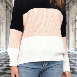 Women Color Block Long Sleeve Comfy Casual Split Joint Sweater, Sweaters, color:Black-pink|size:XL, Noracora