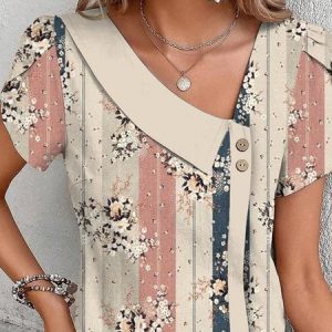Loose Floral Asymmetrical Collar Casual Shirt, Blouses, color:Khaki|size:XXL, Noracora