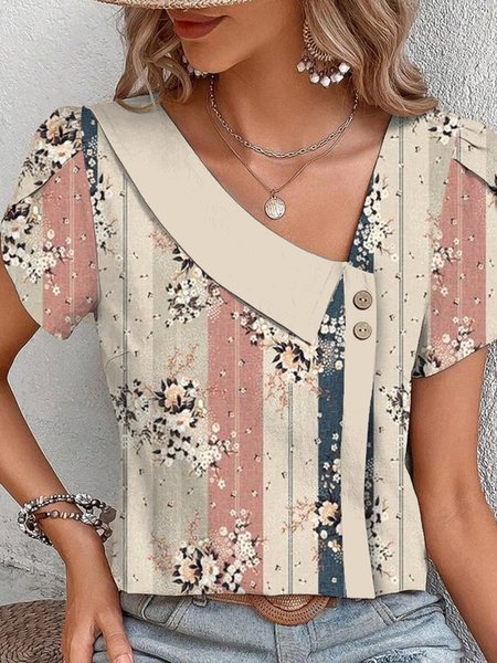Loose Floral Asymmetrical Collar Casual Shirt, Shirts & Blouses, color:Khaki|size:XXL, JustFashionNow