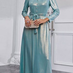Women Plain V Neck Long Sleeve Comfy Party Buckle Maxi Dress, Dresses, color:Light Blue|size:XL, Noracora