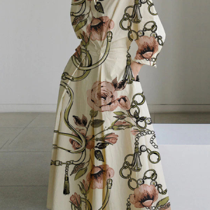 Loose Shirt Collar Three Quarter Sleeve Urban Loose Maxi Dress, Maxi Dresses, color:Apricot|size:XXL, Stylewe