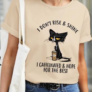 Women Letters Coffee Waterproof Oilproof Stainproof Fabric Loose Cat Crew Neck T-Shirt, color:Apricot|size:3XL, Lilicloth.com