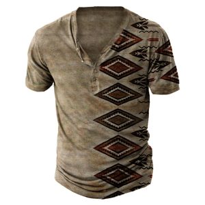 Men's Vintage Henley Collar Ethnic Printed T-Shirt Breathable Comfortable Casual T-Shirt, T-Shirts, , COTOSEN, Apparel Online, Cheap Clothes, Buy Now