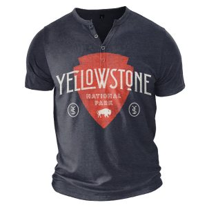 Men's Yellowstone National Park Henley Collar Tee Breathable Casual Tee, T-Shirts, , COTOSEN, Apparel Online, Cheap Clothes, Buy Now
