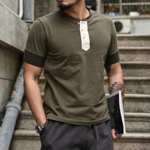 Men's T-shirt Color Block Henry Collar T-shirt Breathable Casual Retro T-shirt, T-Shirts, , COTOSEN, Apparel Online, Cheap Clothes, Buy Now