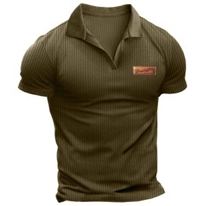 Men's Leather Label V-neck Ribbed Knit T-shirt Threaded Breathable And Comfortable Solid Color T-shirt, T-Shirts, , COTOSEN, Apparel Online, Cheap Clothes, Buy Now