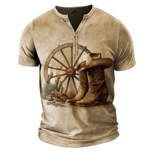 Men's Vintage T-Shirt Cowboy Western Yellowstone Boots And Hats Wagon Wheels T-Shirt Henley Collar Breathable Casual Tee, T-Shirts, , COTOSEN, Apparel Online, Cheap Clothes, Buy Now