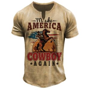 Men's Vintage T-Shirt Cowboy Western Yellowstone National Park T-Shirt Henley Collar Breathable Casual Khaki T-Shirt, T-Shirts, , COTOSEN, Apparel Online, Cheap Clothes, Buy Now