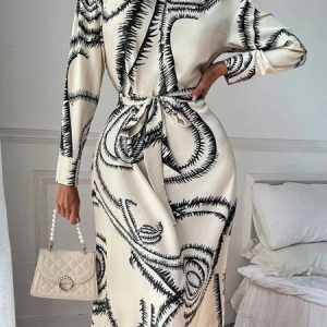 Stylewe Satin Natural Daily Abstract Stand Collar Dress, Midi Dresses, color:White|size:XXL, Stylewe