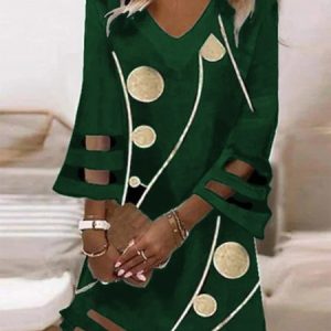 Casual Geometric V neck Three Quarter Loose Dress, Dresses, color:Green|size:XS, JustFashionNow