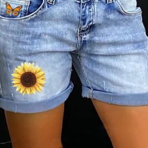 Women's Sunflower Hole Patch Denim Shorts, color:Blue|size:XL, Lilicloth.com