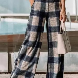Vintage Check Stretch Waist Wide Leg Pants, Pants, color:Multicolor|size:XXL, JustFashionNow