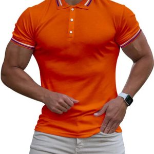 Striped Casual Polo Collar Polo Shirt, Polos, color:Orange|size:4XL, JustFashionNow