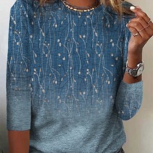 Casual Crew Neck Knitted Gradient Floral Shirt, Shirts & Blouses, color:Blue|size:4X, JustFashionNow