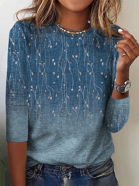 Casual Crew Neck Knitted Gradient Floral Shirt, Shirts & Blouses, color:Blue|size:4X, JustFashionNow