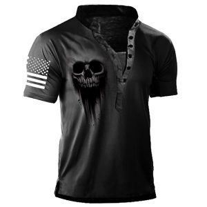 Men's Black Skull Print Outdoor Tactical Henry T-Shirt, T-Shirts, , COTOSEN, Apparel Online, Cheap Clothes, Buy Now