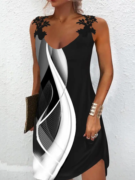 Lace Regular Fit Simple V Neck Dress, Dresses, color:Black|size:XXL, JustFashionNow