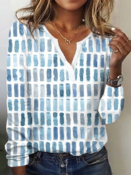 Casual V Neck Loose Ombre T-Shirt, Long sleeves, Lilicloth.com