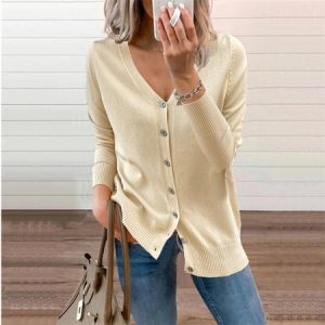 Women Yarn/Wool Yarn Plain Long Sleeve Comfy Casual Cardigan, Cardigans, color:Beige|size:XXL, Noracora