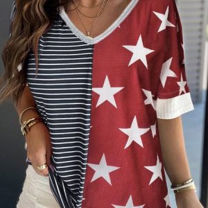 Knitted America Flag V Neck Casual Shirt, Shirts & Blouses, color:Blue|size:XXL, JustFashionNow