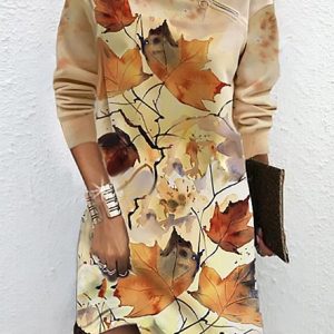 Women Leaf Asymmetrical Long Sleeve Comfy Casual Zipper Short Sweashirt Dress, Short, color:Yellow|size:3XL, Noracora