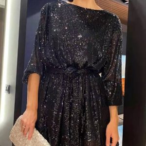 Women Plain Crew Neck Three Quarter Sleeve Comfy Party Midi Dress, Dresses, color:Black|size:XXL, Noracora
