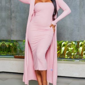 Regular Fit Plain Strapless Urban Dress, Midi Dresses, color:Pink|size:XXL, Stylewe