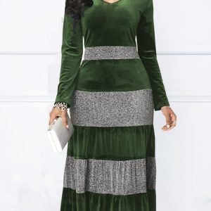Women Plain Crew Neck Long Sleeve Comfy Party Maxi Dress, Dresses, color:Green|size:5XL, Noracora