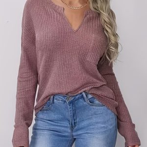 Notched Long Sleeve Plain Regular Loose Shirt For Women, Blouses, color:Red Brown|size:XL, Noracora