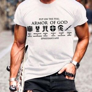 Put On The Full Armor Of God Short Sleeve Crew Neck Casual Short sleeve T-shirt, color:White|size:3XL, Lilicloth.com