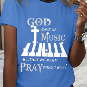 Women's God Give Us Music Simple Loose Cotton T-Shirt, color:Blue|size:3XL, Lilicloth.com