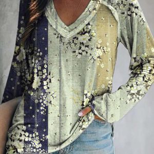 Long sleeve V Neck Floral Casual T-Shirt, T-Shirts, color:Khaki|size:XXL, JustFashionNow