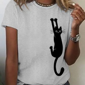 Women's Black Cat Holding On Print Casual T-Shirt, T-shirts, Lilicloth.com
