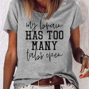 Women's Cotton Graphic Tees Tabs Open Round Neck Casual T-Shirt, color:Gray|size:3XL, Lilicloth.com
