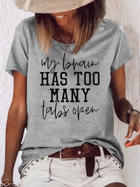 Women's Cotton Graphic Tees Tabs Open Round Neck Casual T-Shirt, color:Gray|size:3XL, Lilicloth.com